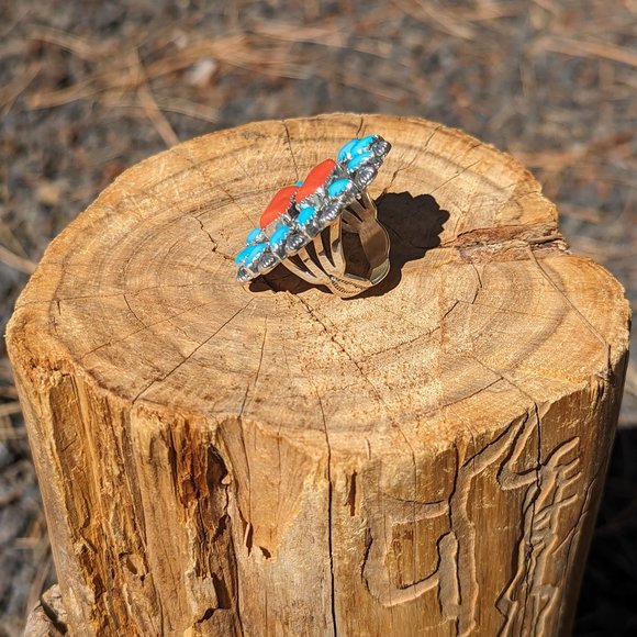Handcrafted Turquoise Coral Native American Ring Southwestern Sterling Sz 7.5 ** - Picture 8 of 10